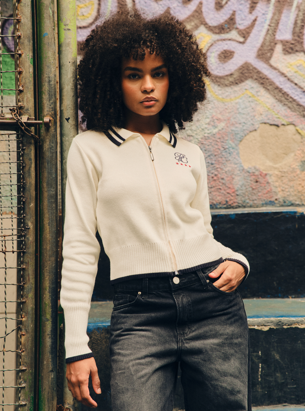 Women Monogram Ivory Full-Zip Knit