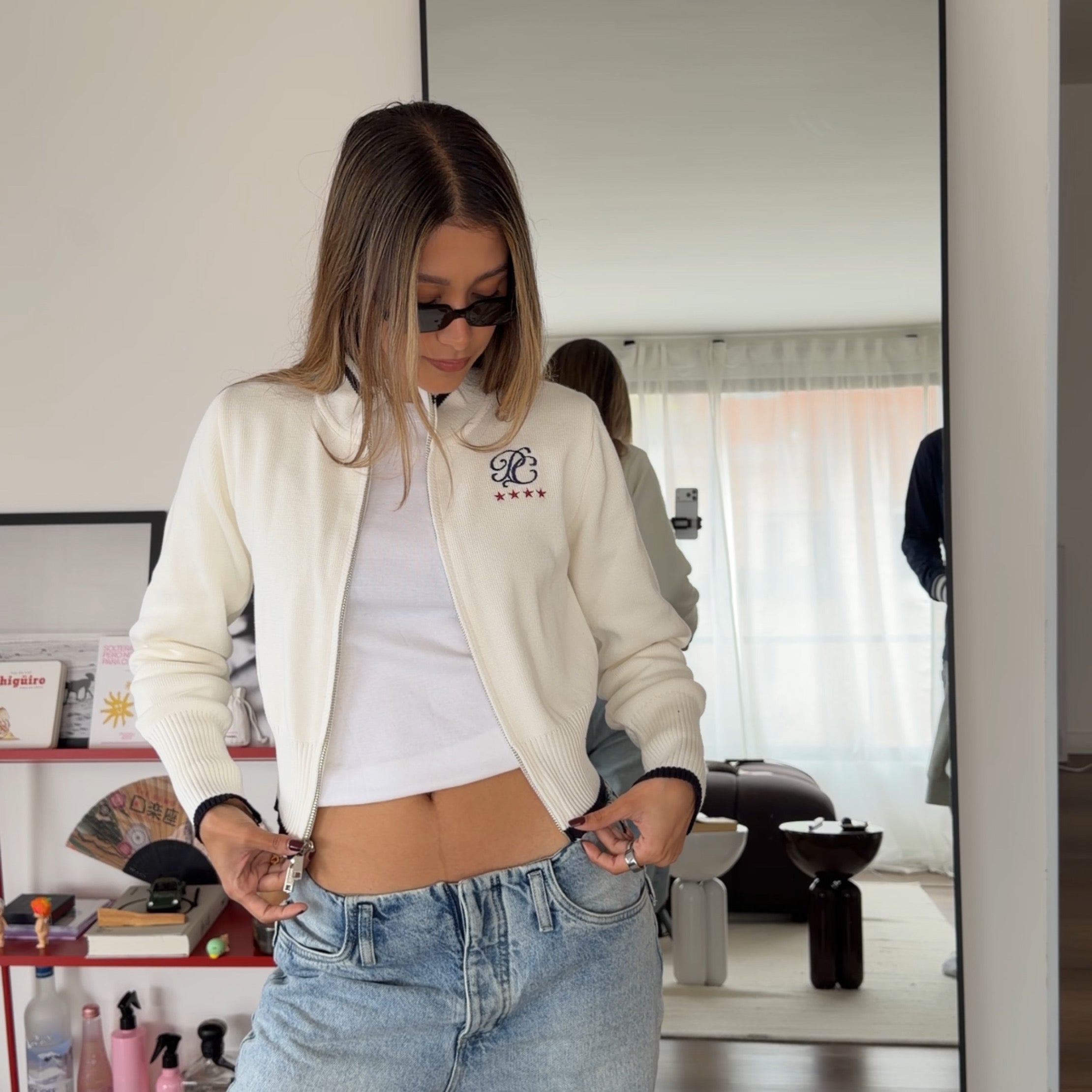 Women Monogram Ivory Full-Zip Knit